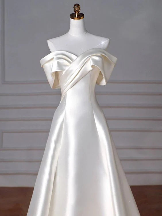 Buyishang Timeless A-Line Off Shoulder Satin Wedding Dresses With Ruffles dress for wedding